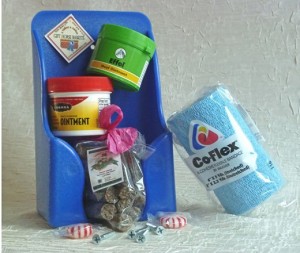 blue slat block holder with horse care items