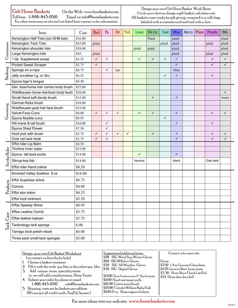 contact us to build your own basket using this menu for choices, prices and colos